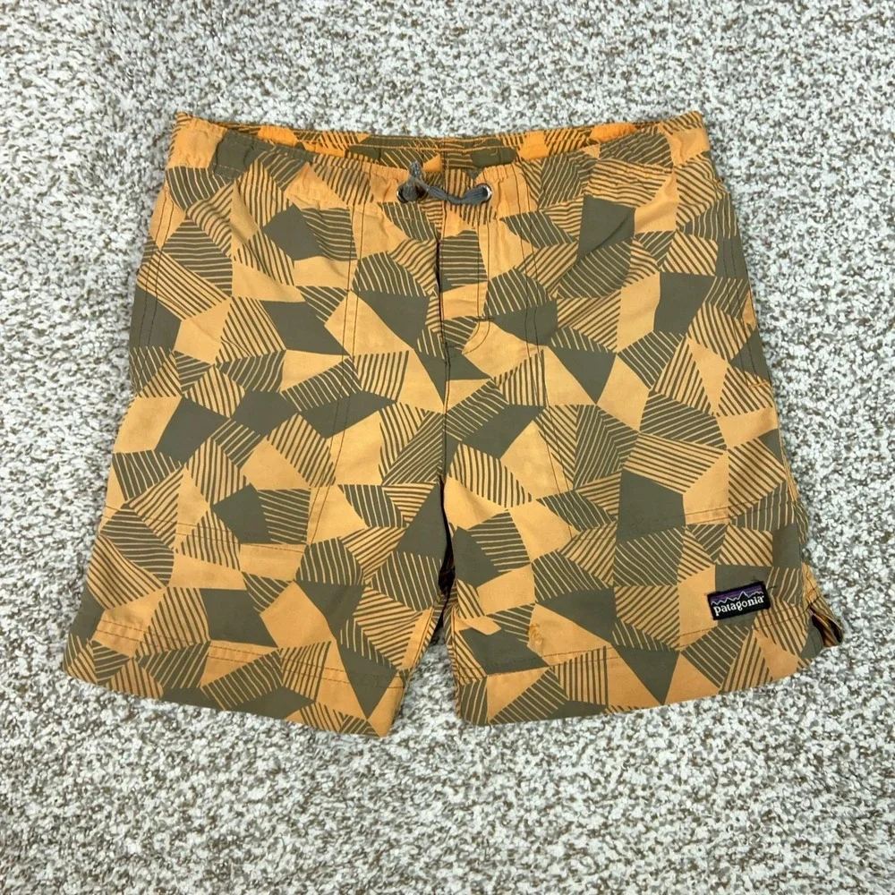 Patagonia Shorts Boys XS Orange Geometric Lined Drawstring Hiking Gorp Logo